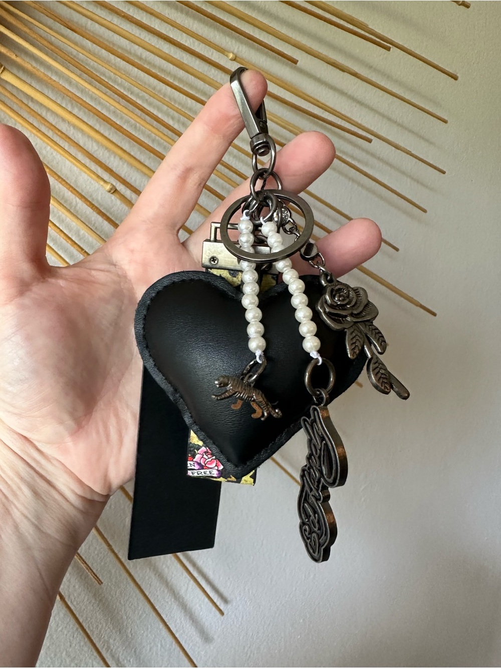 Ed Hardy Black Heart Bag Charm Keychain Faux Leather Heart & Metal Charms NWT - Picture 4 of 4